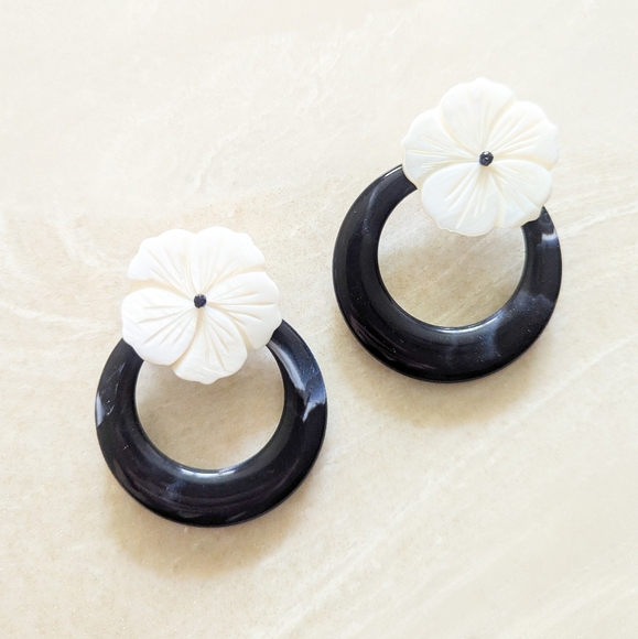 Anthropologie White & Black Floral Hoops - Picture 1 of 2